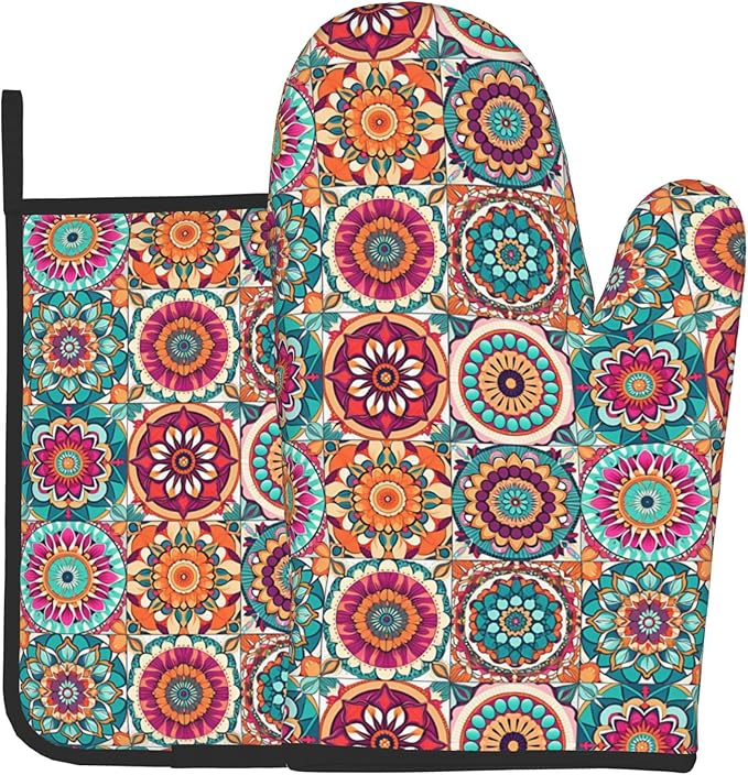 Boho Oven Mitts and Pot Holders - Mexican Flower Kitchen Mitt Sets of 2 Bohemian Oven Gloves Hot Pads for Cooking Baking Grilling