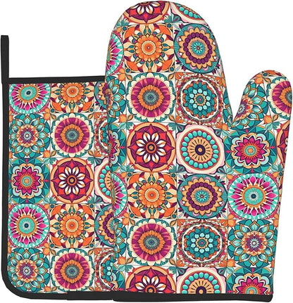 Boho Oven Mitts and Pot Holders - Mexican Flower Kitchen Mitt Sets of 2 Bohemian Oven Gloves Hot Pads for Cooking Baking Grilling