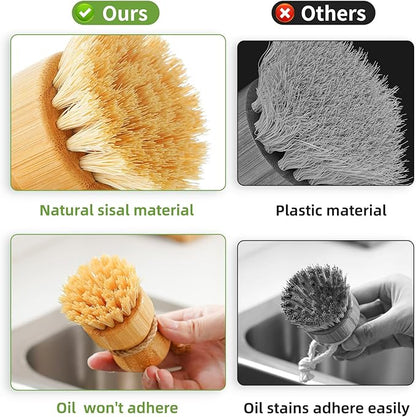 SUBEKYU Bamboo Dish Scrub Brushes, Bubble Up Bamboo Dish Brush Set with Brush Tray, Kitchen Wooden Cleaning Scrubbers Set for Washing Cast Iron Pan/Pot, Natural Sisal +Coconut Palbristles, Set of 2