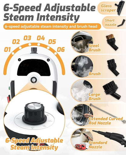 5-in-1 221°F Pressurized Handheld Steam Cleaner for Home, Car, Tile, Grout, Kitchen Cleaning, Glass, 2500w Handheld High-Temperature Pressurized Steam Cleaner with 6 Levels & 1.2L Tank (Red)
