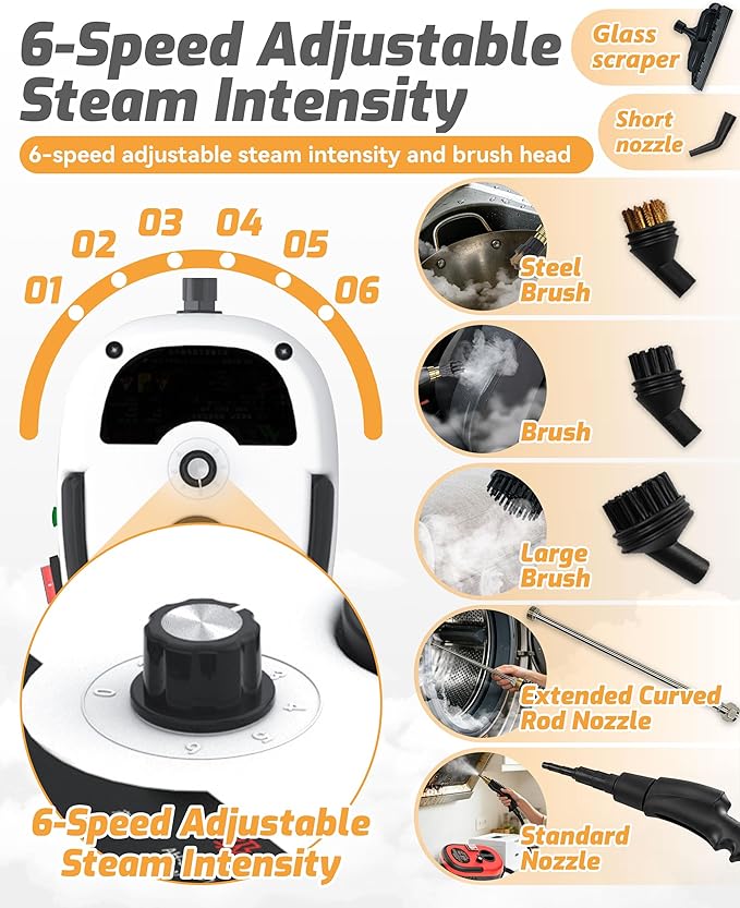 5-in-1 221°F Pressurized Handheld Steam Cleaner for Home, Car, Tile, Grout, Kitchen Cleaning, Glass, 2500w Handheld High-Temperature Pressurized Steam Cleaner with 6 Levels & 1.2L Tank (White)