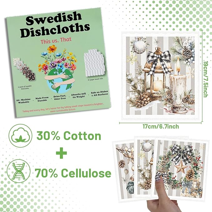 Christmas Swedish Dishcloths for Kitchen - 6PCS Vintage Merry Christmas Swedish Cloths for Washing Dishes, Xmas Reusable Dish Towels Gift, Holiday Washable Cleaning Sponge Quick Drying