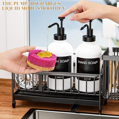 Kitchen Soap Dispenser Set with Sponge Holder and Towel Rack, 17OZ Glass Bottle, Hand and Dish Soap Dispenser Set, Non-Slip Silicone Pad, Brush Holder, Kitchen Sink Caddy Organizer Countertop (White)