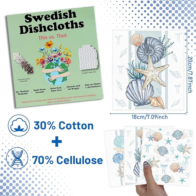 Beach Swedish Dishcloths for Kitchen, 4PCS Coastal Shell Coral Starfish Swedish Dish Cloths Gift Set, Ocean Summer Reusable Washable Absorbent Dish Towel for Home Cleaning
