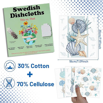 Beach Swedish Dishcloths for Kitchen, 4PCS Coastal Shell Coral Starfish Swedish Dish Cloths Gift Set, Ocean Summer Reusable Washable Absorbent Dish Towel for Home Cleaning