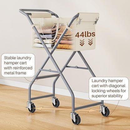 No-Bend Laundry Cart- Rolling Hamper with Locking Wheels & Handle, Foldable Basket Screw-Free Assembly, Durable Metal Frame & Removable Liner Bag for Bedroom & Bathroom (Beige)