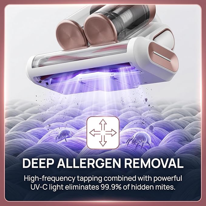 4-in-1 Cordless Bed Vacuum, 8000Pa Strong Suction 120W Motor, V-Shaped Aluminum Alloy Roller Brush, UV-C & Ultrasonic Sanitizing, USB Rechargeable for Mattress Sofa Pet Areas Pillows