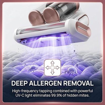 4-in-1 Cordless Bed Vacuum, 8000Pa Strong Suction 120W Motor, V-Shaped Aluminum Alloy Roller Brush, UV-C & Ultrasonic Sanitizing, USB Rechargeable for Mattress Sofa Pet Areas Pillows