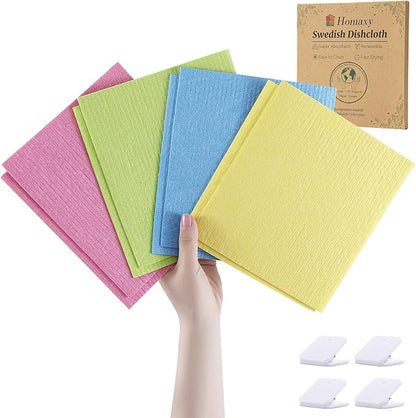 Homaxy Swedish Dishcloths for Kitchen, 8 Pack Reusable Paper Towels with Clips, Absorbent Cellulose Sponge Dish Cloths for Washing Dishes, Non-Scratch & Odor-Free Dish Rags, Multicolor Assorted