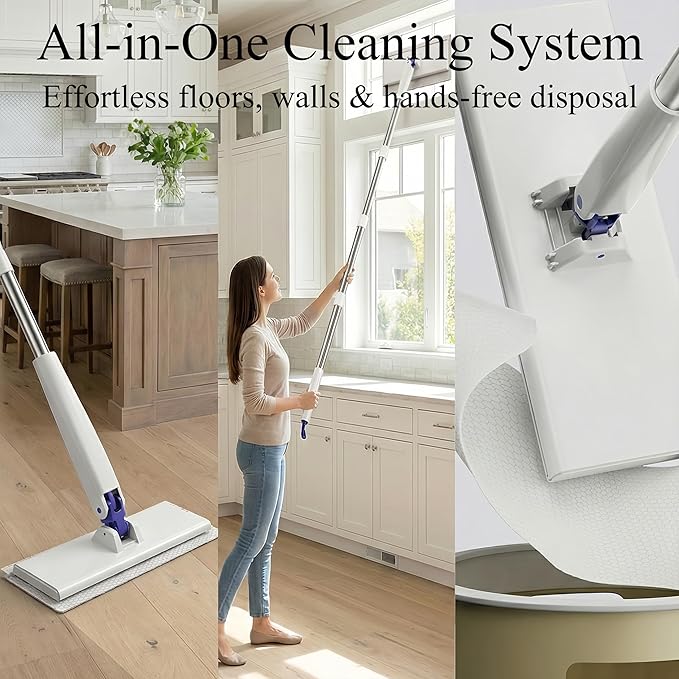 RIGONE Snap Grip Mop, 49" Hands Free Floor Cleaner, Cloth Changing Flat Mop, Zero Touch 35-Piece Kit with 30 Dry Wipes & 3 Reusable Cloths, Universal Dust Sweeper for Wall Window Hardwood