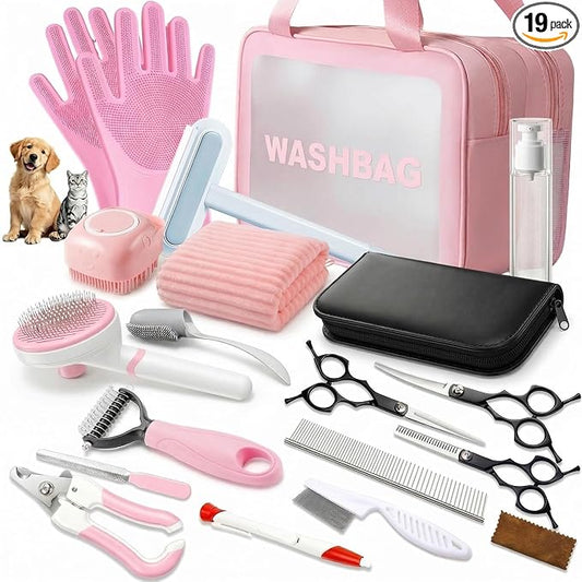 19PCS Dog Bath Kit & Dog Brush Kit for Dogs & Cats - Professional Pet Grooming Tools Set with Shedding Brush, Bath Scrubber, Dematting Comb & Storage Bag - Complete Dog Washing Essentials, Pink