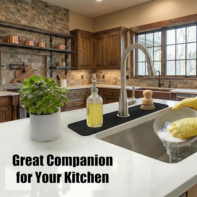 Customizable Kitchen Sink Faucet Mat: 30"Lx5.5"W Bathroom Counter Protector Drip Catcher - Splash Guard with Pre-Cut Center Hole, Trimming to Fit 2 & 3 Hole Faucet & Irregular Sink with Soap Dispenser