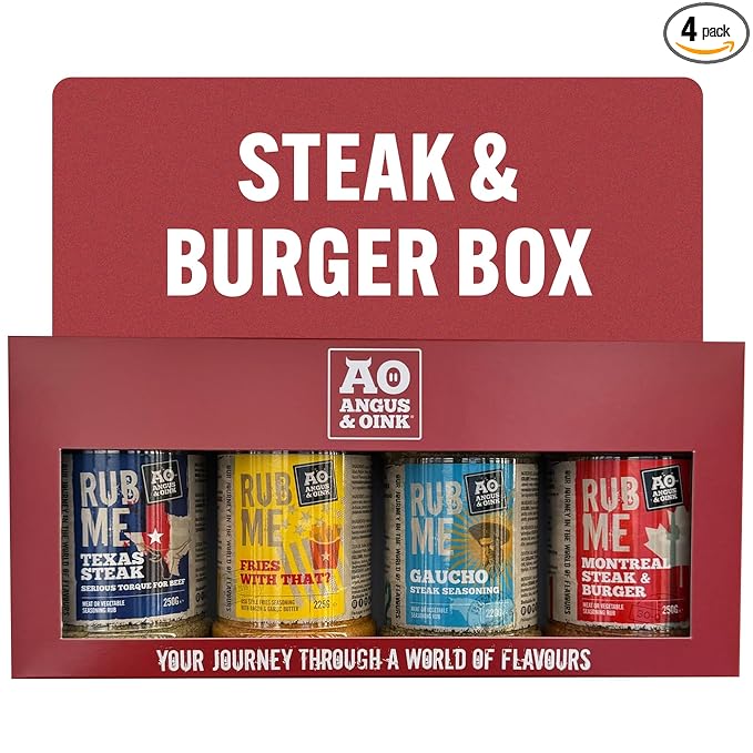 Angus & Oink Gift Set | Steak & Burger Gift Box | 1 x Texas Steak SPG 250G | 1 x Fries With That? 225G | 1 x Gaucho Chimmichuri Seasoning 220G | 1 x Montreal & Burger 250G | BBQ Seasonings