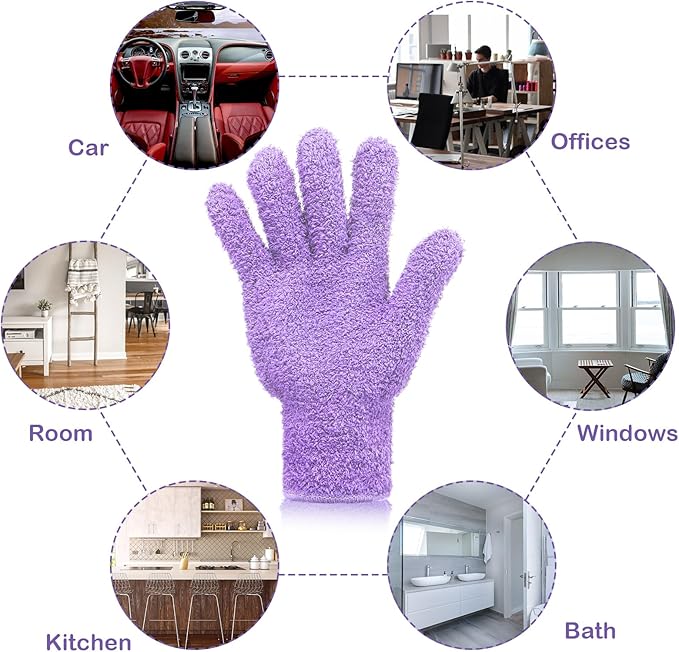 Patelai 2 Pairs Microfiber Gloves for plants Dusting Cleaning Glove Mittens House Cars Blinds Dusting(Light Blue, Violet,Large)