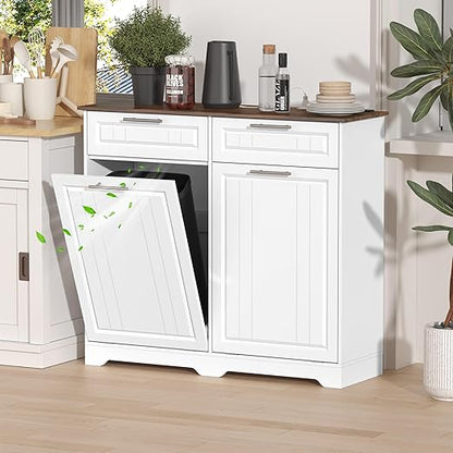 Double 10 Gallon Tilt Out Trash Can Cabinet with Deodorizing Function and Power Outlet, Wooden Hidden Garbage Can Holder with 2 Storage Drawers for Kitchen, Laundry Hamper Cabinet for Bathroom, White