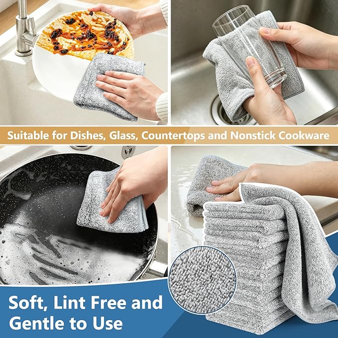 Kitchen Dish Cloths, 12 Pack, 10 x 10 Inches, Super Absorbent Microfiber Dish Towels, Soft Lint Free Reusable Dish Rags for Washing Dishes, Drying, Counters and Sink, Grey