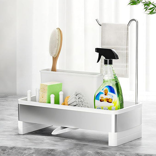 Ewaiira Stainless Steel Sink Caddy, Sponge Holder for Kitchen Sink with Brush Holder & Dishcloth Rack, Rustproof Sink Organizer Countertop, Kitchen Organizers Storage Essentials (E-White 9.8″)