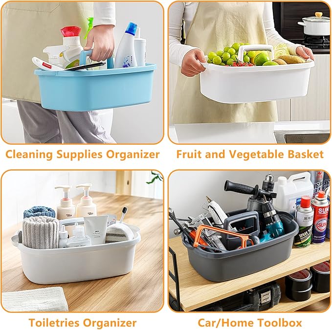 Goderewild 2 Pack Multi-Purpose Plastic Cleaning Caddy with Handle, Shower Caddy Organizer/Storage Basket/Totes Portable for Bathroom Supplies, Cleaning Products, Under Sink Tool, Housekeepers(White2)