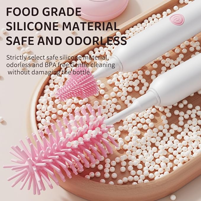 Rechargeable Electric Bottle Brush with Stand - 360° Spin Silicone Cleaner for Baby Bottles, Breast Pumps & Small Household Containers (Pink)