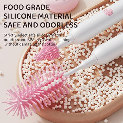 Rechargeable Electric Bottle Brush with Stand - 360° Spin Silicone Cleaner for Baby Bottles, Breast Pumps & Small Household Containers (Pink)