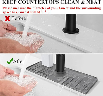 YATOISUR Sink Splash Guard 14.4” x 5.4” - Sink Faucet Mat with Faucet Water Catcher Mat & Soap Dish & Sponge Holder 3 in 1 - Silicone Faucet Handle Drip Catcher Tray for Kitchen RV & Bar Faucet, Grey