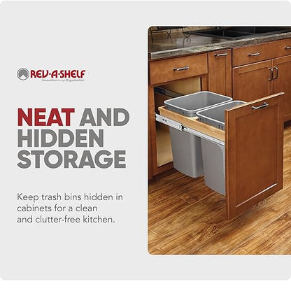 Rev-A-Shelf 35 Qt Top Mount Double Pullout Under Cabinet Kitchen Trash Cans w/Soft-Close for Base Cabinets,150 Pound Rated Full-Extension Slides, Min Opening Width of 15", Silver, 4WCTM-18BBSCDM2