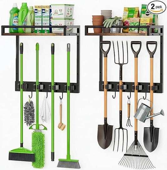 2 Packs Broom Holder Wall Mount with Shelf Load 66LBS Broom and Mop Organizer Wall Hanging Broom Hanger with 4 Mop Hanger Grippers, 3 Hooks for Laundry Room, Garage, Utility Closet, Kitchen