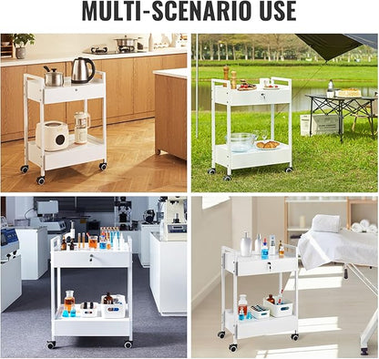 VEVOR Lab Cart, 2 Tiers Stainless Steel Utility Cart, Medical Cart with 2 Drawers, Rolling Lab Cart White Paint, Serving Cart with Swivel Casters for Laboratory, Hospital, Dental, Salon and Beauty