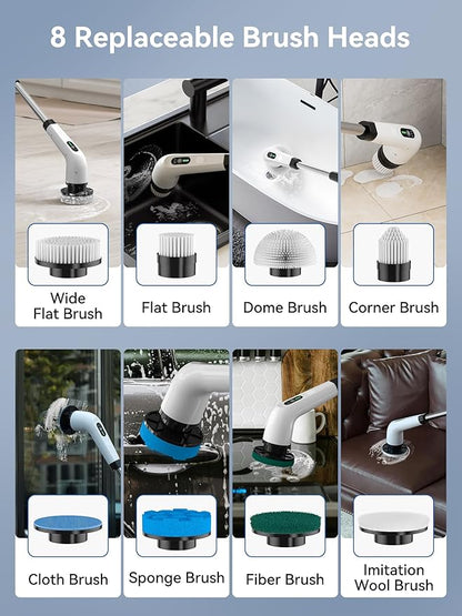 Electric Spin Scrubber - 120Min Cordless Shower Bathroom Cleaner with 8 Brush Heads | 440 RPM Power Scrubber (3-Speed) & Adjustable Extension Handle for Cleaning Bathtub, Tile, Grout