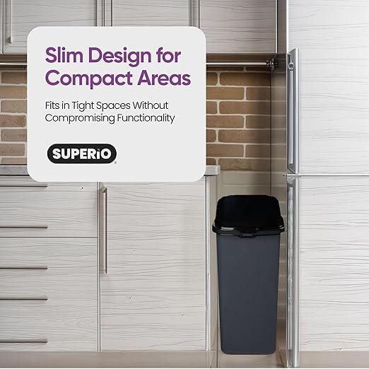 Garbage Can with Swing Top-Split Lid | Large Kitchen Trash Can with Lid | Durable Plastic |Slim & Sturdy Trash Bin | Fingerprint Resistant | 13 Gallon / 50 qt / 50 L – Grey/Black | Superio