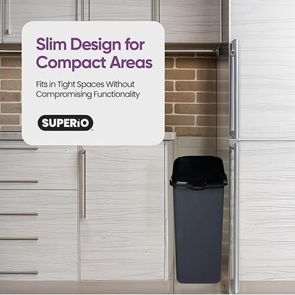 Garbage Can with Swing Top-Split Lid | Large Kitchen Trash Can with Lid | Durable Plastic |Slim & Sturdy Trash Bin | Fingerprint Resistant | 13 Gallon / 50 qt / 50 L – Grey/Black | Superio