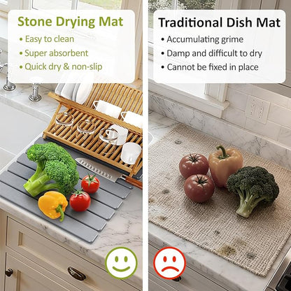 Large Stone Dish Drying Mat for Kitchen Counter, 24"(L)×16"(W), Collapsible Quick Dry Stone Dish Mats, Super Absorbent Diatomaceous Earth Drying Pad for Dishes Bottles Cups, Countertops (Light Grey)