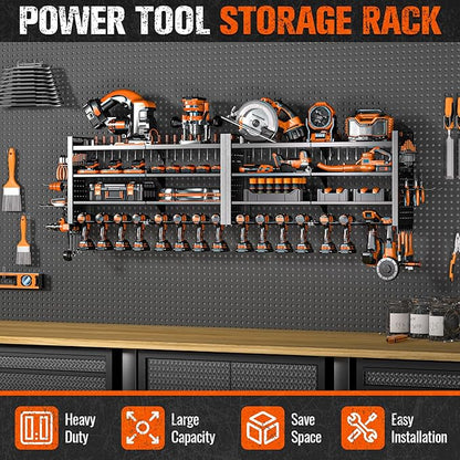 66" W Super Large Power Tool Organizer Wall Mount,Heavy Duty Cordless Tool Organizer with 18 Drill Holder,600 Lbs Capacity 4-Layer Garage Organization for Garage and Workshop (Black)
