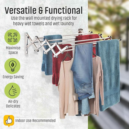 Smartsome Wall Mounted Clothes Drying Rack | Adjustable 18–33" Width | 20 Linear Feet Drying Capacity | 8 Stainless Steel Rods | 60 lb Capacity | Fully Assembled | Compact Space-Saving Design