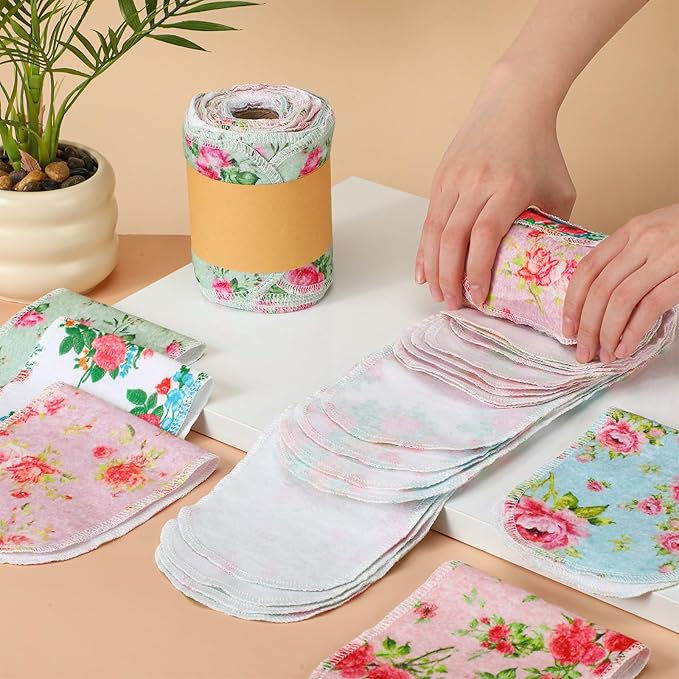 FuWeave 60 Pack Reusable Toilet Paper Washable Soft Bidet Towels Bulk Gifts Paperless Rolls Flannel Cotton 12'' x 4.3" Family Cloth Wipes Bathroom Napkins with Cardboard (Rosebud)