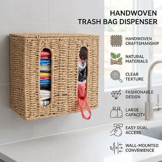 Trash Bag Holder Dispenser, Wall Mount Garbage Bag Storage Organizer Under Sink with Lid, 2 Slot Plastic Bag Holder for Kitchen Cabinet, Bag Container for Grocery Bags, Paper Rope