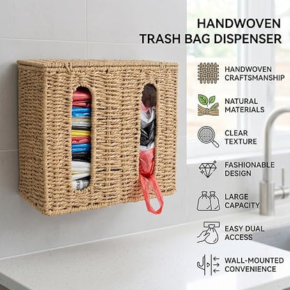 Trash Bag Holder Dispenser, Wall Mount Garbage Bag Storage Organizer Under Sink with Lid, 2 Slot Plastic Bag Holder for Kitchen Cabinet, Bag Container for Grocery Bags, Paper Rope