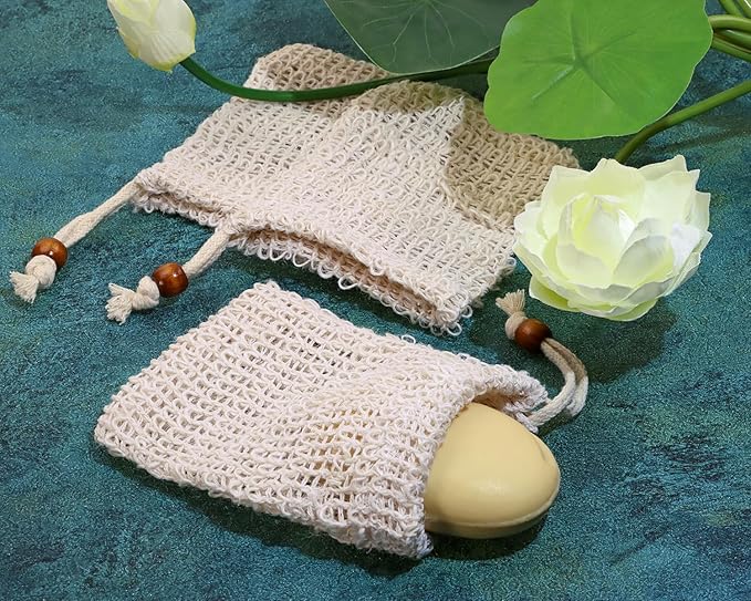 3pcs Soap Bag Net Pouch Saver Pocket Soap Lifting Pads Natural Sisal Jute Foaming Mesh Body Scrubber Bath Exfoliator Exfoliating Drying Soap Holder for Shower Gift DIY Craft (10x12cm, Apricot)