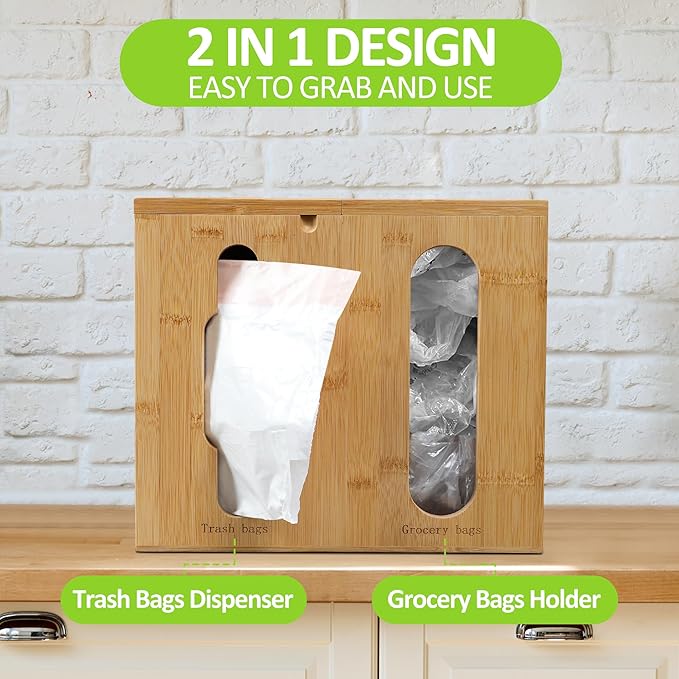 Trash Bag Dispenser & Grocery Bag Organizer, 2 in 1 Bamboo Garbage Bags Storage Box for Cabinet Door or Wall Mount