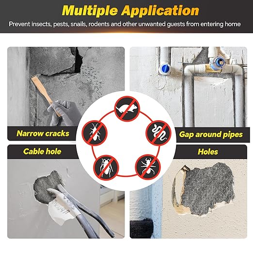 Steel Wool Mice Control - 3 Pack 2.75 in x 11.5 Ft Steel Wool & 1 Pack 5 in x 15 Ft Wire Mesh with Wooden Stick & Gloves & Scissors, Mouse Hole Filler for House Garden Polishing Chrome, Glass