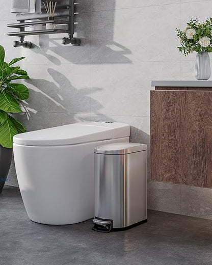 GarveeHome 2.6 Gallon Bathroom Trash Can, Space-Saving Slim Stainless Steel Step-On Garbage Bin with Soft Close Lid, Removable Inner Bucket for Bathroom & Bedroom, Silver