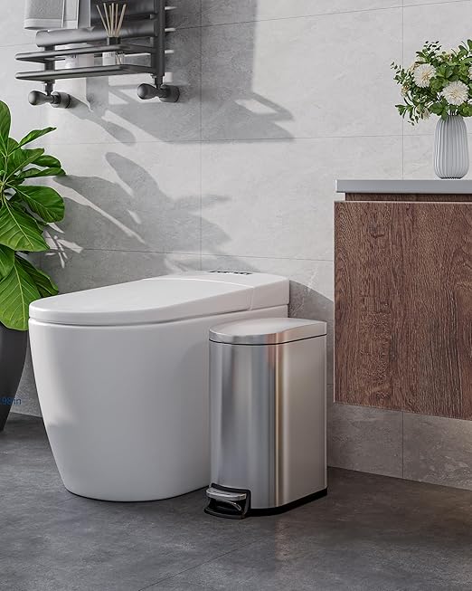 Garvee 2.6 Gallon / 10L Slim Stainless Steel Bathroom Trash Can with Lid, Step-On Pedal, Soft Close, Inner Bucket, Waterproof Small Garbage Bin for Bedroom, Silver