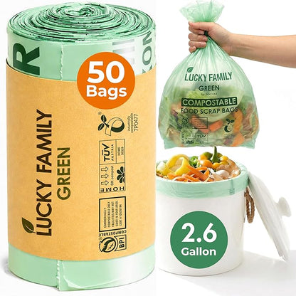 Compostable Trash Bags for Kitchen Compost Bins – 2.6 Gallon Compost Bags for Countertop Bin, Green Compostable Bags, BPI Certified ASTM D6400, Leak-Resistant Food Waste Bags (50 Count)