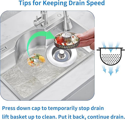 Sink Drain Strainer - Sink Stopper for Kitchen Drain,3 in 1 Kitchen Sink Drain Strainer with Anti Clogging Basket, Easy to Install Kitchen Sink Stopper for US Standard 3-1/2” Drain Hole