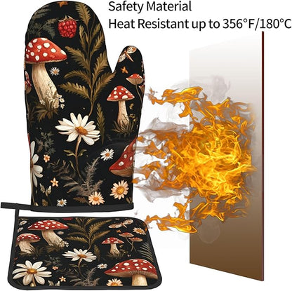 Mushroom Oven Mitt Pot Holder Set Vintage Floral BBQ Cooking Gloves with Loop Baking Grilling Kitchen Gifts for Spring Summer