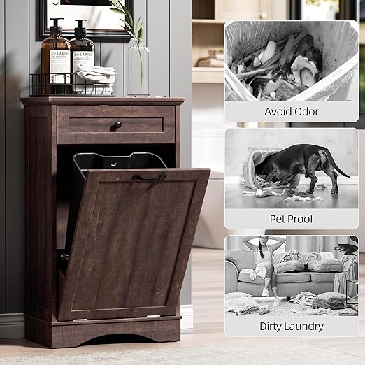 AHB 13 Gallons Tilt Out Trash Cabinet Hidden Trash Can Cabinet Freestanding Garbage Recycling Cabinet with Hideaway Drawer Pet Proof Trash Bin for Kitchen Living Room, Brown
