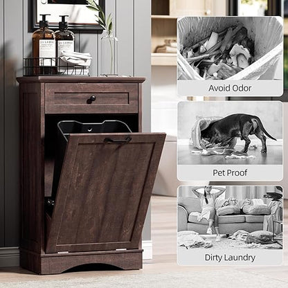 AHB 13 Gallons Tilt Out Trash Cabinet Hidden Trash Can Cabinet Freestanding Garbage Recycling Cabinet with Hideaway Drawer Pet Proof Trash Bin for Kitchen Living Room, Brown