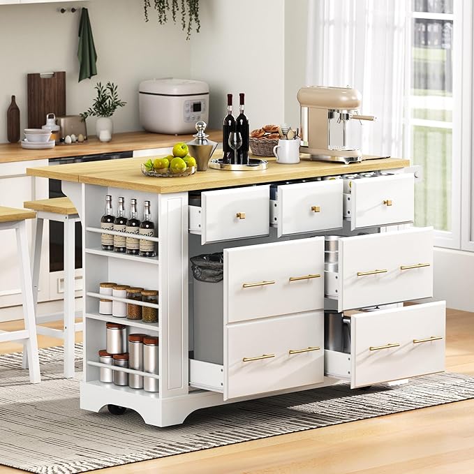 51.2" Kitchen Island with 6 Drawers, Pull Out Trash Can Storage, Rolling Kitchen Island on 5 Wheels with Drop Leaf, Power Outlet, 5 Open Side Racks for Kitchen, Dining Room, White