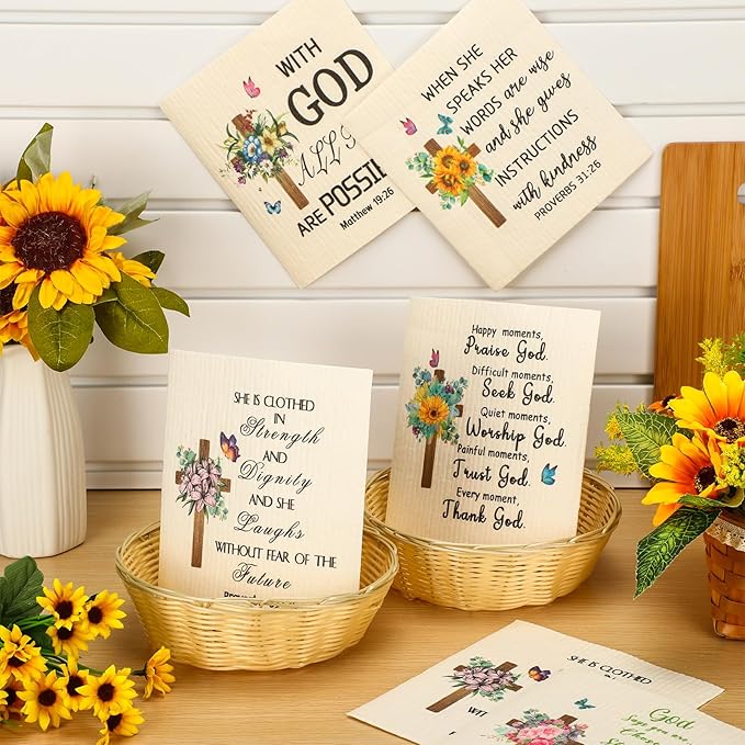 6 Pcs Christian Kitchen Towels Swedish Religious Dish Towels Reusable Bible Verse Cross Dishcloths Wipes Scripture Cleaning Hand Towel Bathroom Christian Gift for Women Inspirational Church