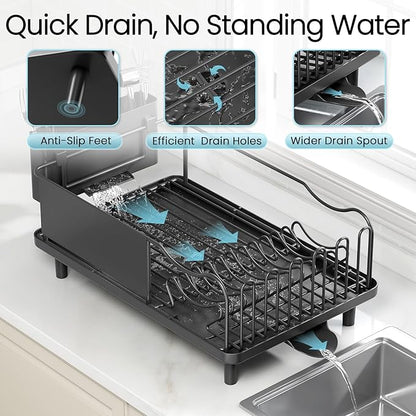 Stainless Steel Dish Drying Rack - Large Capacity Dish Rack for Kitchen Counter with Drain Board, Rustproof Dish Drainer with Drain Spout, Utensil Holder & Glass Holder, Dinnerware Organizer, Black